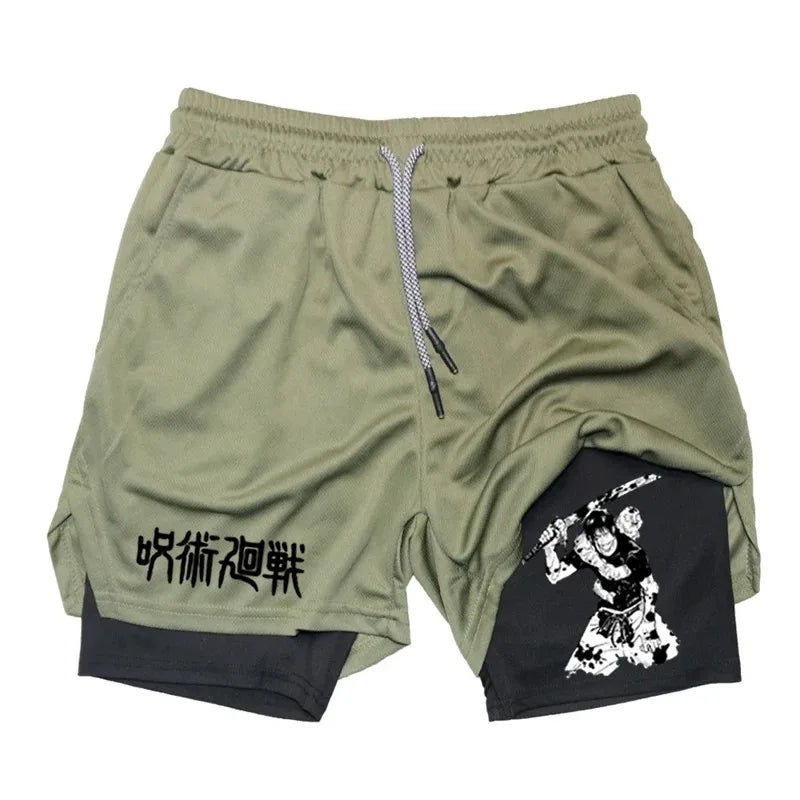 Anime Performance Shorts Toji Printed Men GYM Casual Sports Shorts Workout Running Mesh 2 In 1 Sport Short Pants
