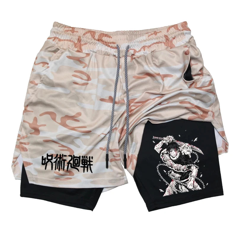 Anime Performance Shorts Toji Printed Men GYM Casual Sports Shorts Workout Running Mesh 2 In 1 Sport Short Pants