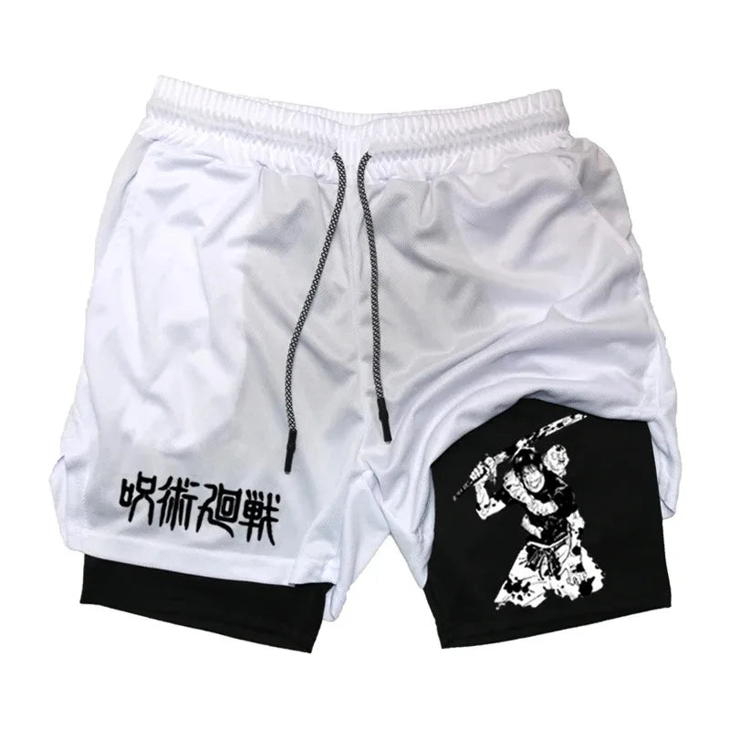 Anime Performance Shorts Toji Printed Men GYM Casual Sports Shorts Workout Running Mesh 2 In 1 Sport Short Pants