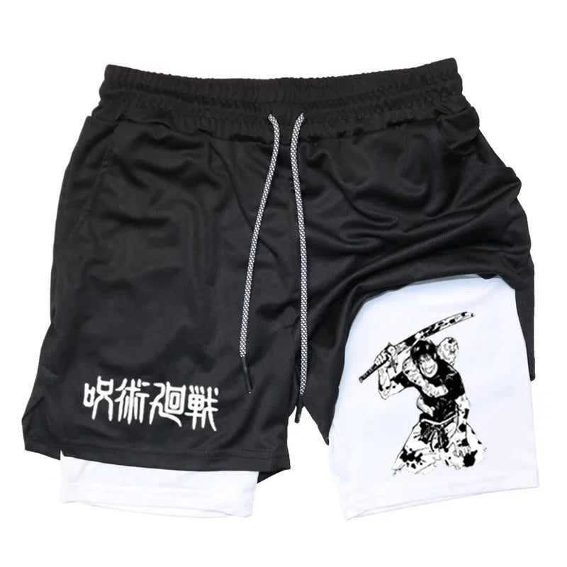 Anime Performance Shorts Toji Printed Men GYM Casual Sports Shorts Workout Running Mesh 2 In 1 Sport Short Pants