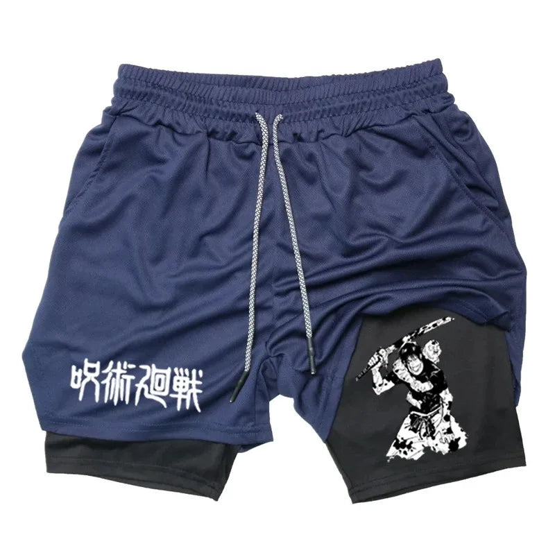 Anime Performance Shorts Toji Printed Men GYM Casual Sports Shorts Workout Running Mesh 2 In 1 Sport Short Pants