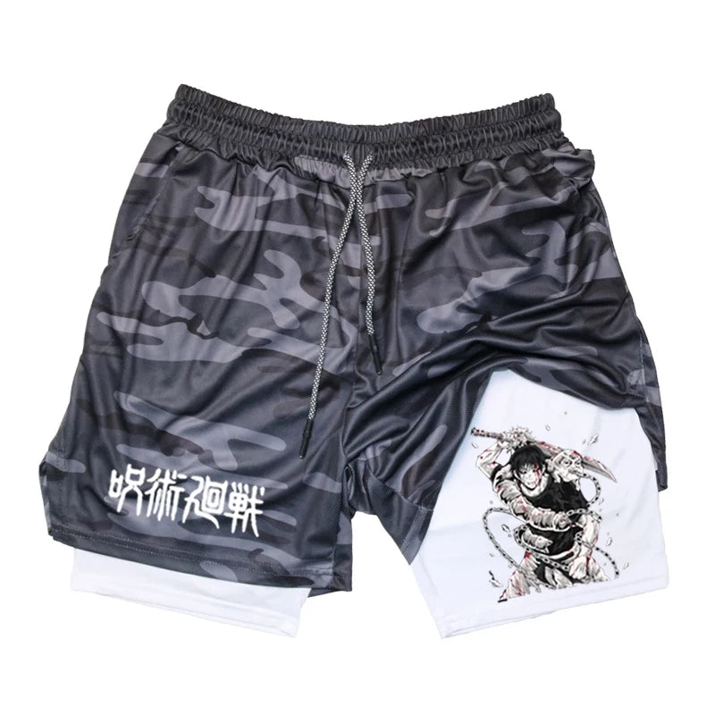 Anime Performance Shorts Toji Printed Men GYM Casual Sports Shorts Workout Running Mesh 2 In 1 Sport Short Pants