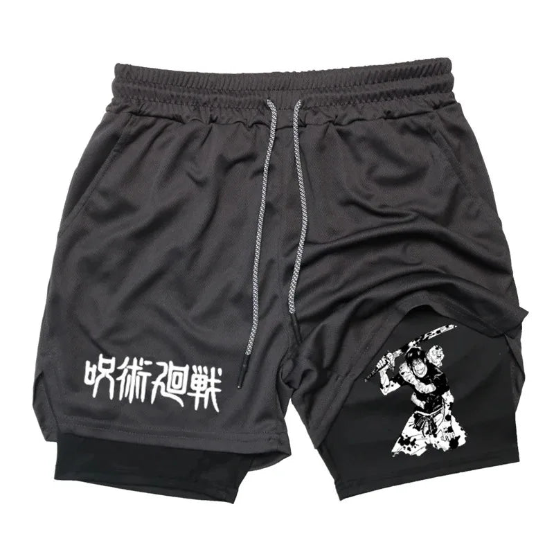 Anime Performance Shorts Toji Printed Men GYM Casual Sports Shorts Workout Running Mesh 2 In 1 Sport Short Pants